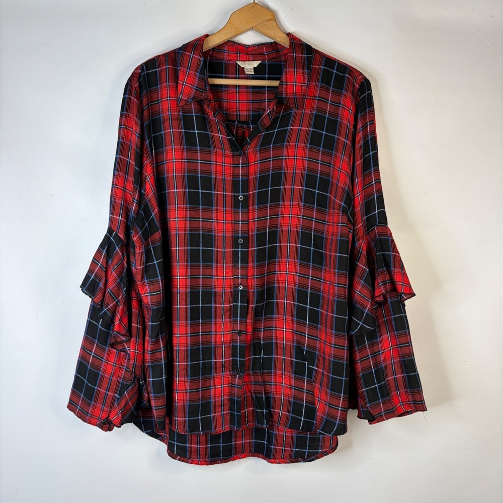 Cato EST. 1946 Button Down Shirt Women 18/20W Red Plaid Ruffle Sleeve Metallic